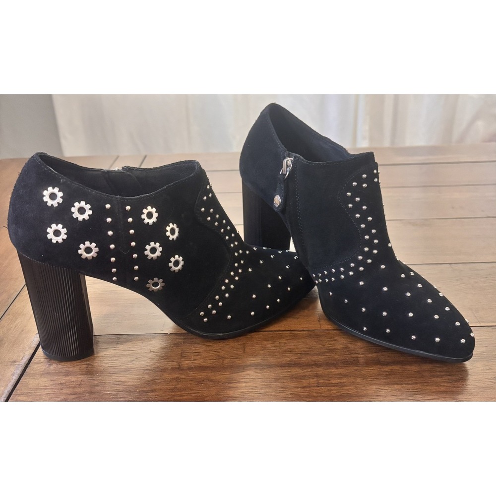 GEOX Respira Black Suede Studded Ankle Zip Booties Block Heel D94EEB EU 40/US 9
